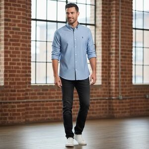 Original Penguin by Munsingwear Gray w/navy Polka Dot Button Down Men’s Shirt M